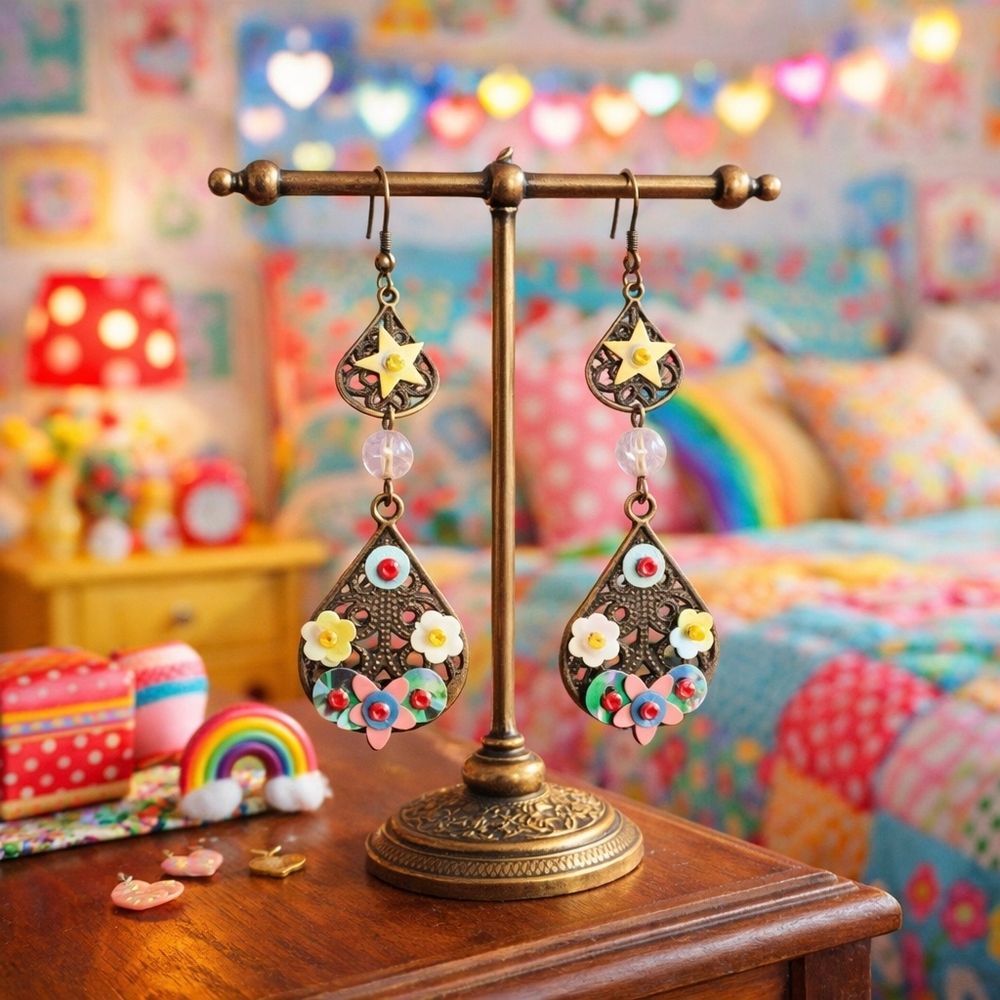 Kitschy Earrings Colourful UNIQUE!!! Dangling Long Stars & Flowers - Pre-loved
